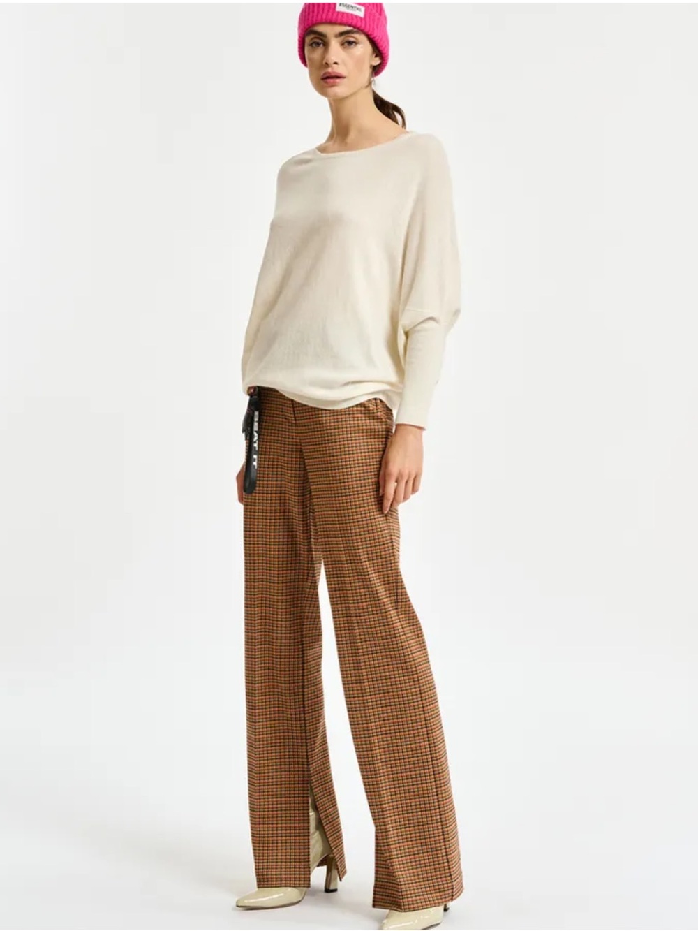 ESSENTIEL ANTWERP Houndstooth Wide Leg Split Hem Brown & Orange Trouser Pants,34